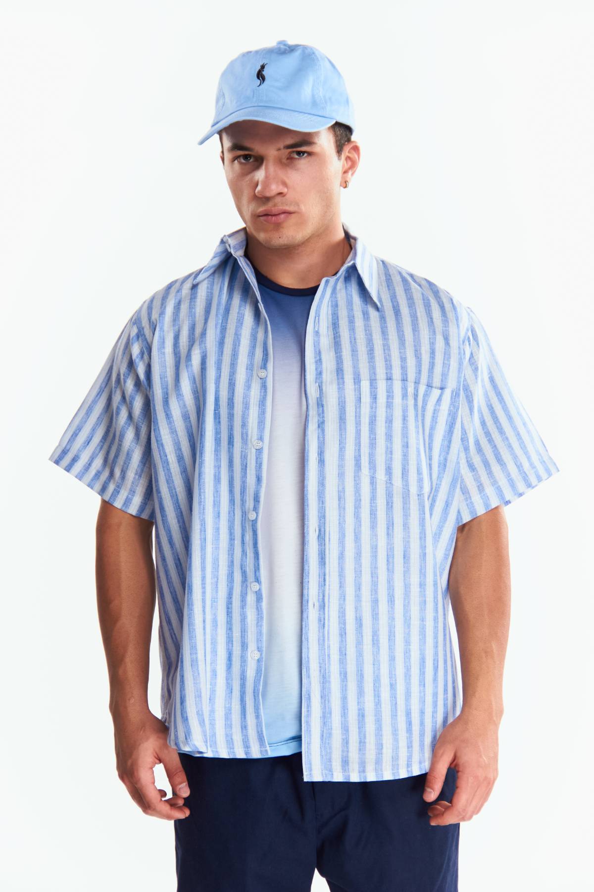 Camisa Lino Manga corta Rayas Azul