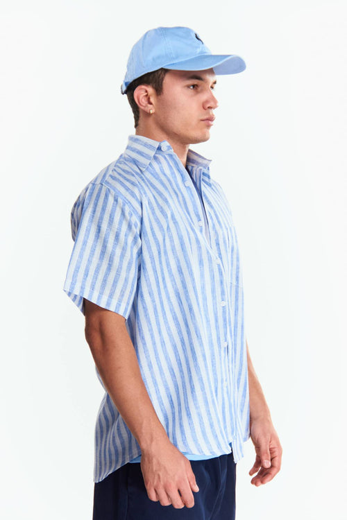 Camisa Lino Manga corta Rayas Azul