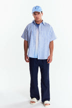 Camisa Lino Manga corta Rayas Azul