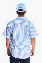 Camisa Lino Manga corta Rayas Azul