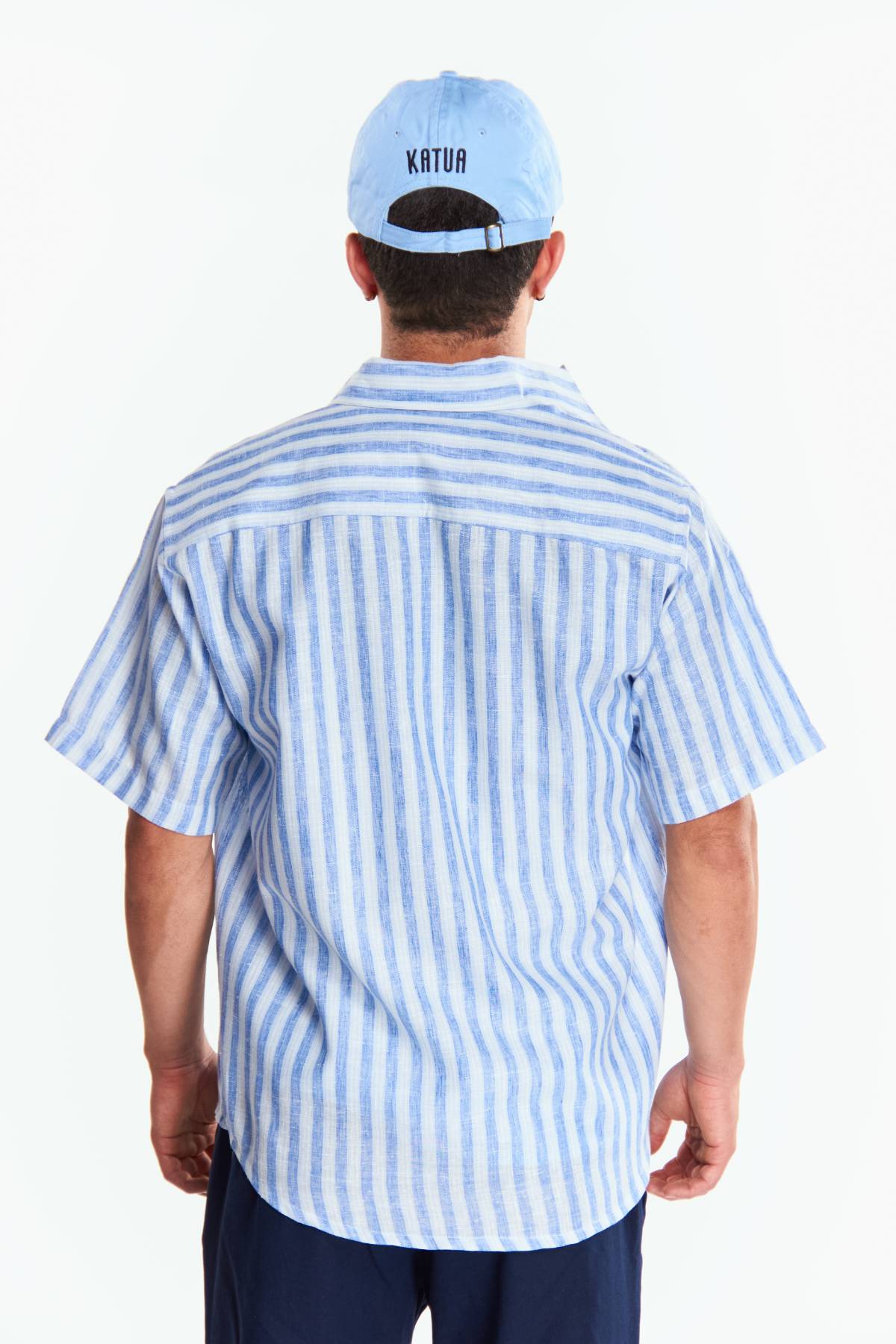 Camisa Lino Manga corta Rayas Azul