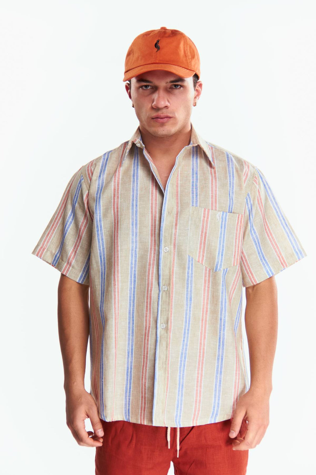 Camisa Lino Manga corta Rayas Beige