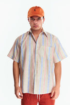 Camisa Lino Manga corta Rayas Beige
