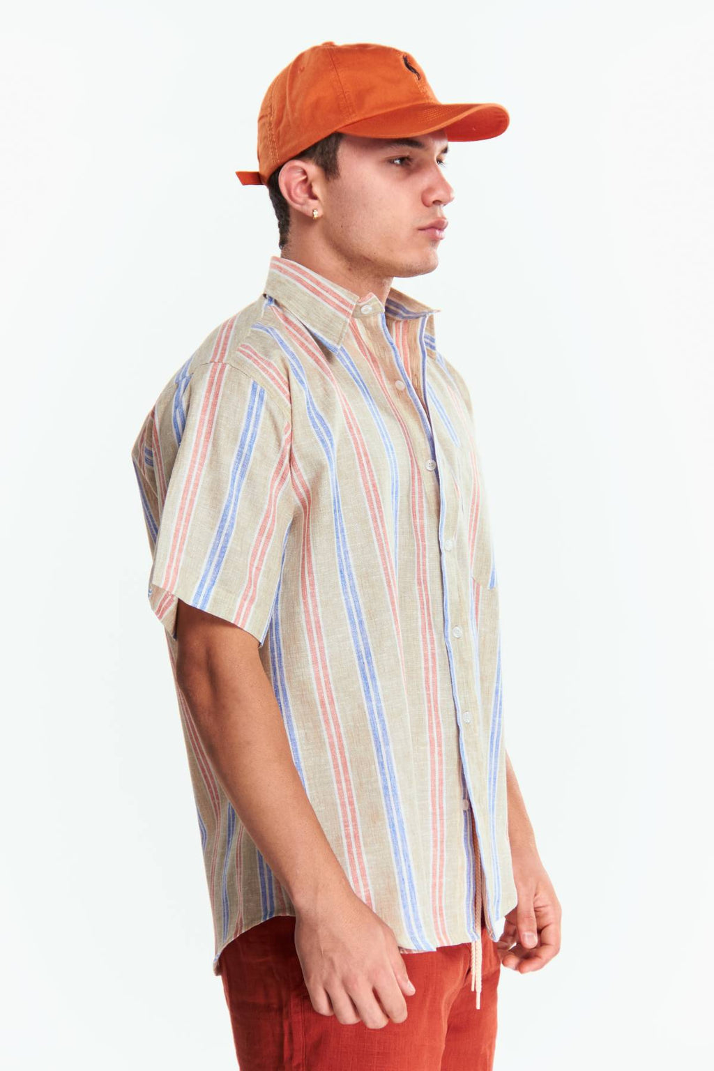 Camisa Lino Manga corta Rayas Beige