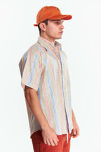 Camisa Lino Manga corta Rayas Beige