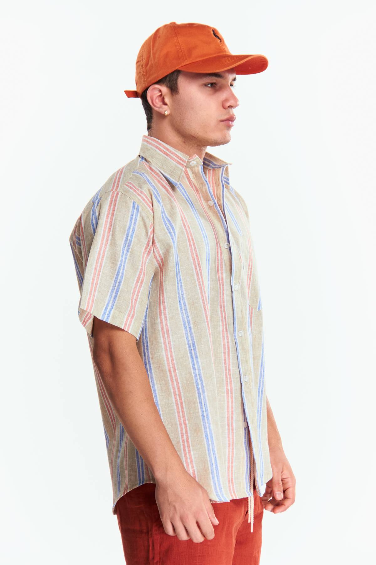 Camisa Lino Manga corta Rayas Beige