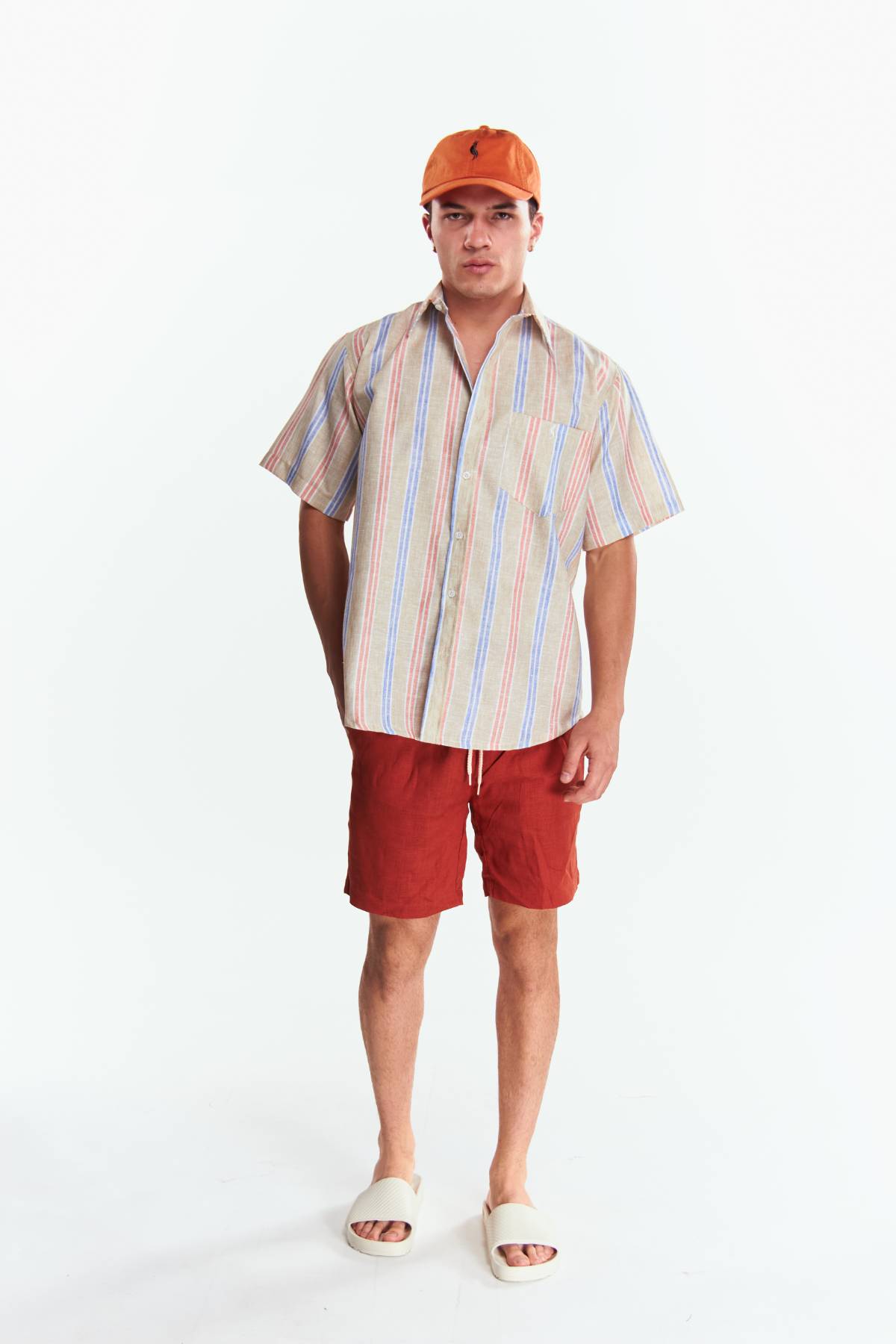 Camisa Lino Manga corta Rayas Beige