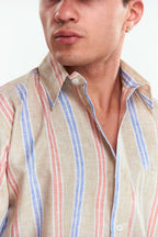Camisa Lino Manga corta Rayas Beige