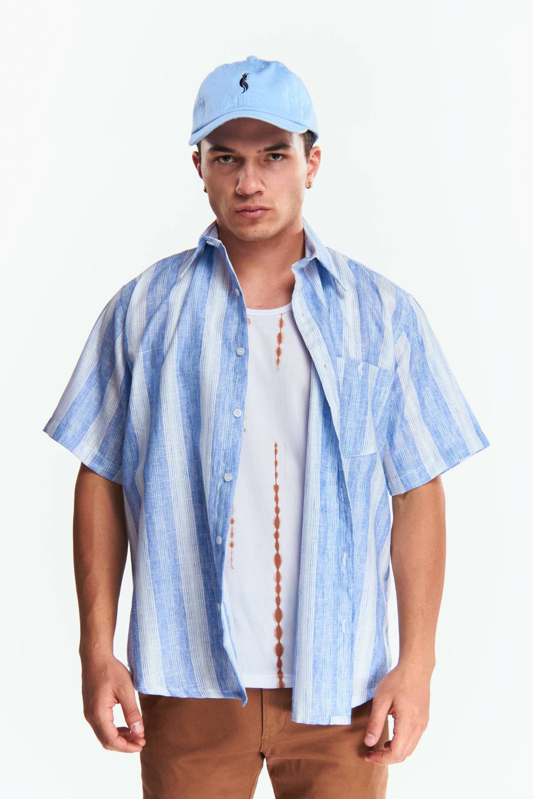 Camisa Lino Manga corta Rayas gruesas Azul