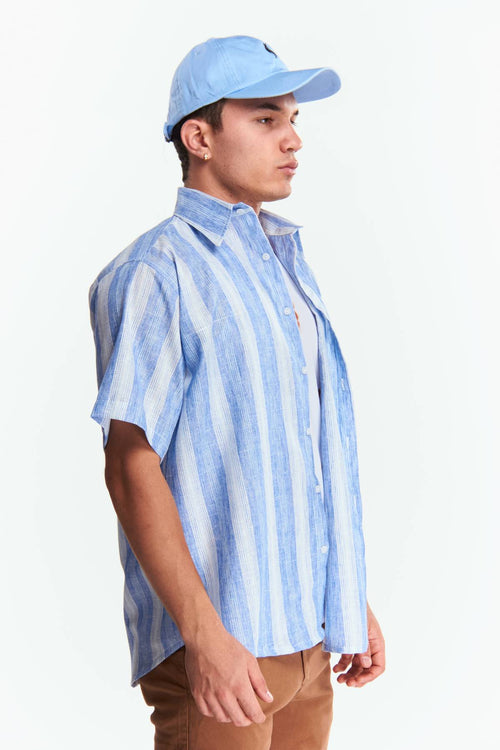 Camisa Lino Manga corta Rayas gruesas Azul