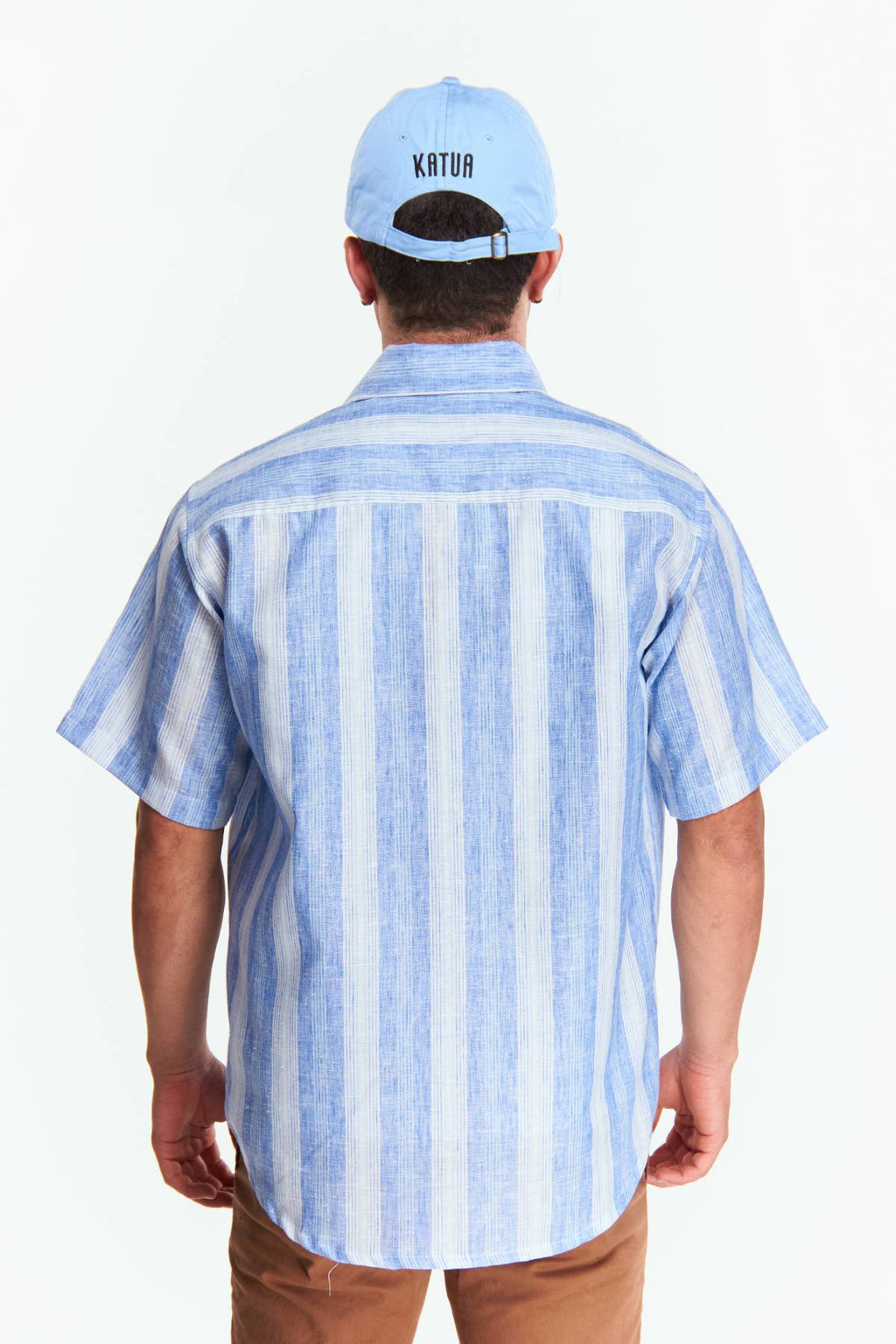 Camisa Lino Manga corta Rayas gruesas Azul
