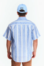 Camisa Lino Manga corta Rayas gruesas Azul