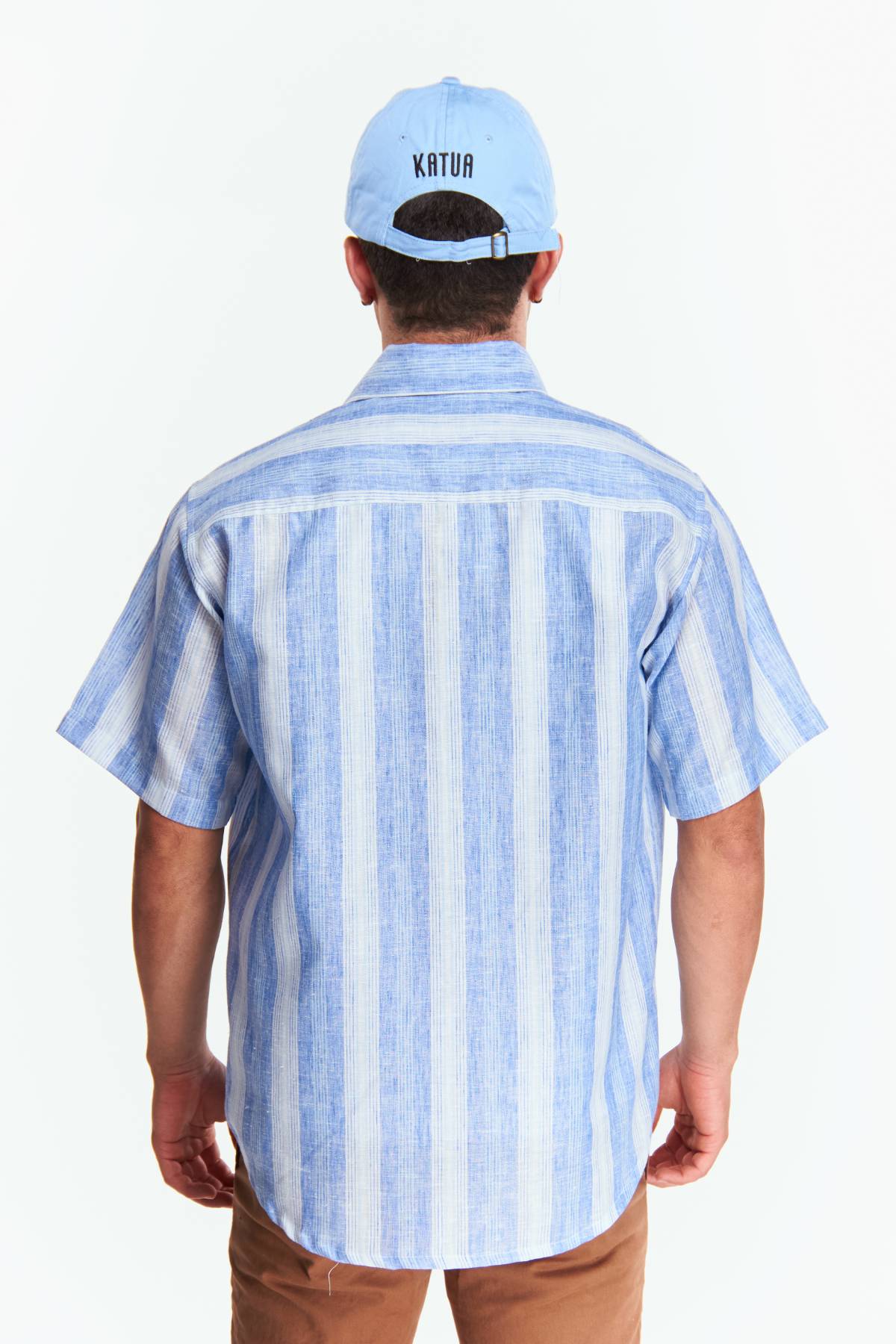 Camisa Lino Manga corta Rayas gruesas Azul