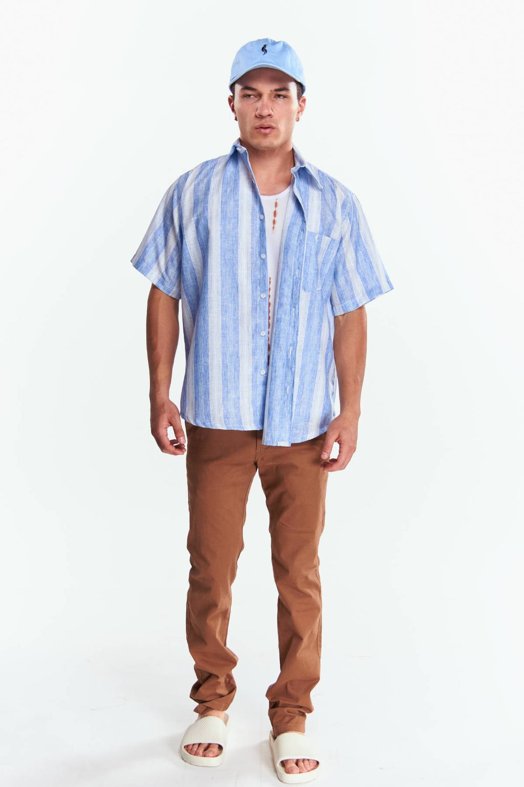 Camisa Lino Manga corta Rayas gruesas Azul