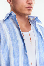 Camisa Lino Manga corta Rayas gruesas Azul