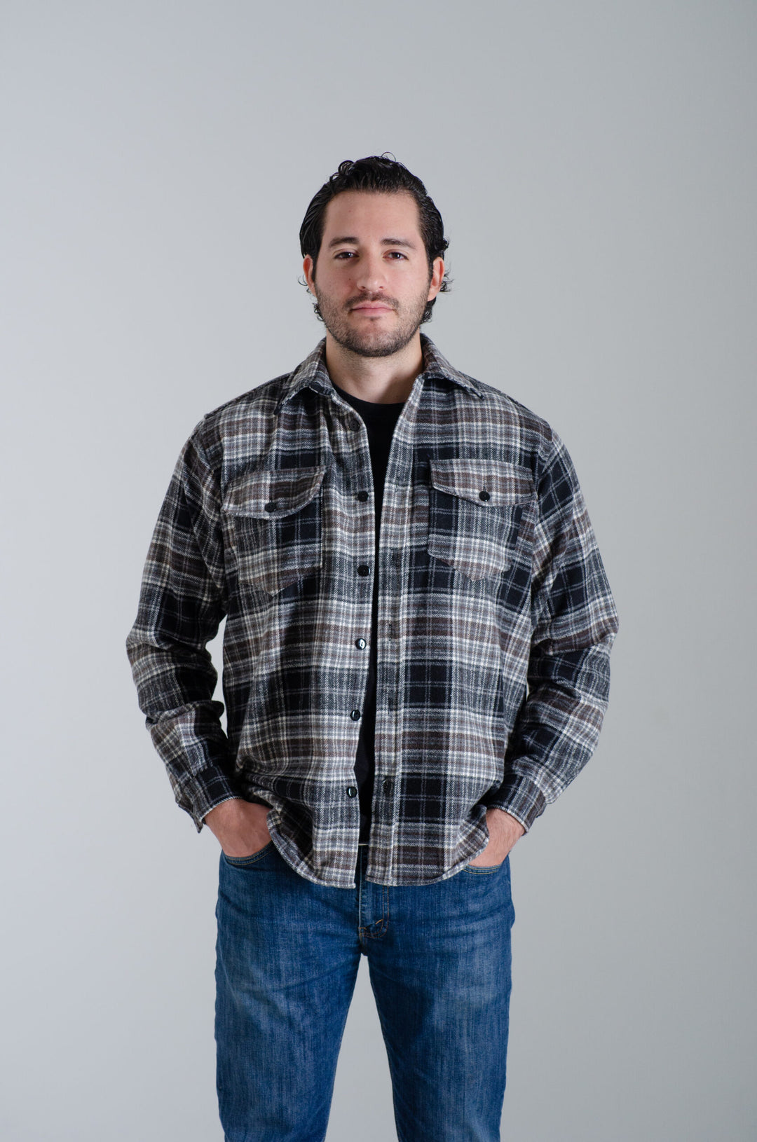 Camisa Franela Manga Larga Cuadro Negra