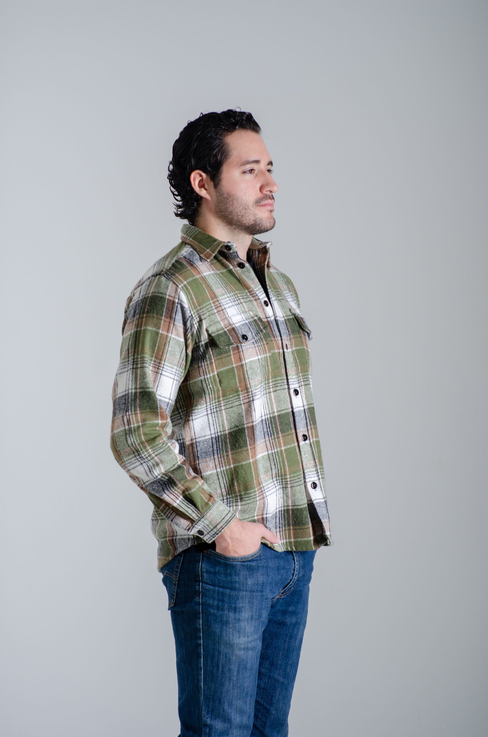 Camisa Franela Manga Larga Cuadro Verde