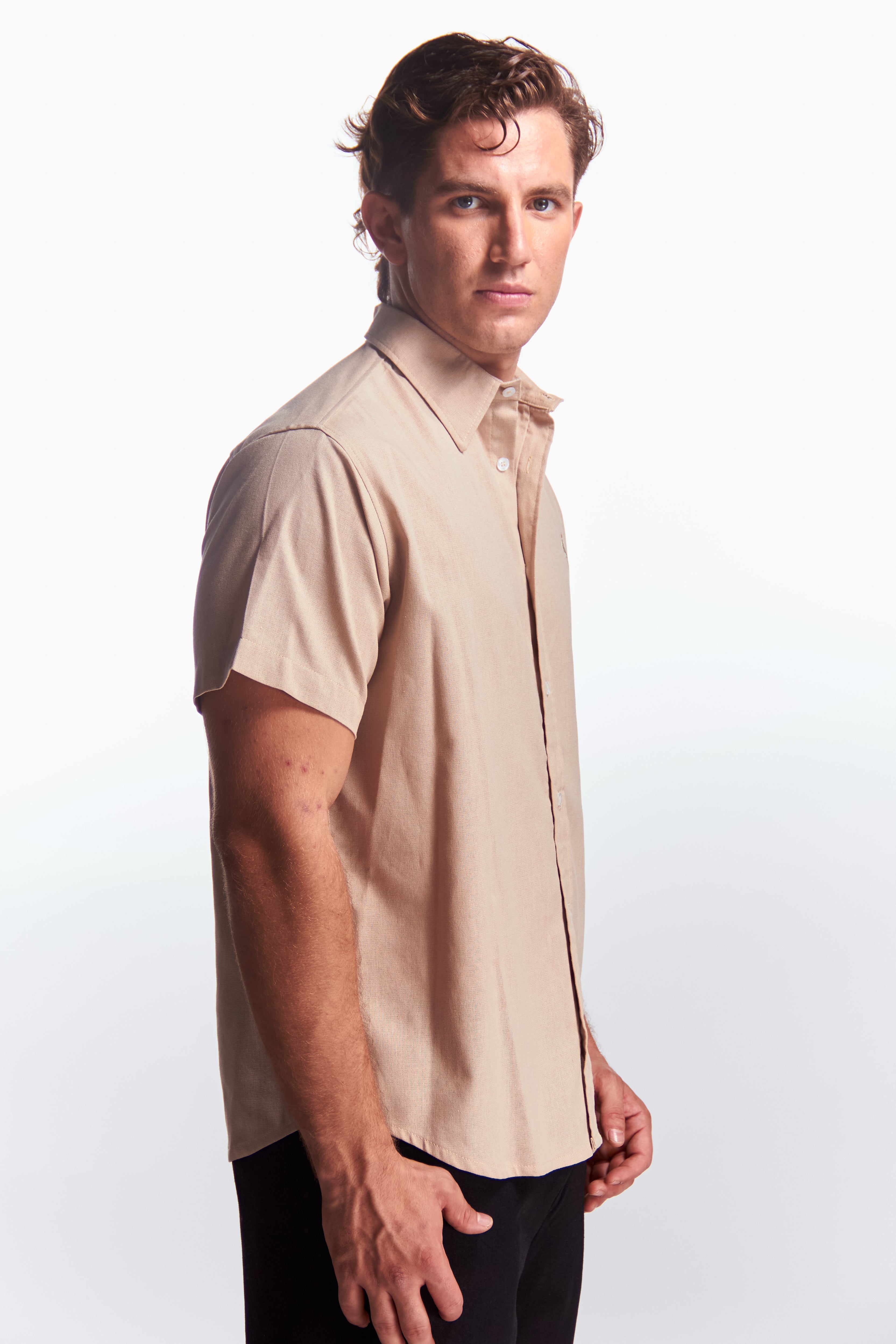 Camisa Lino Manga corta Beige